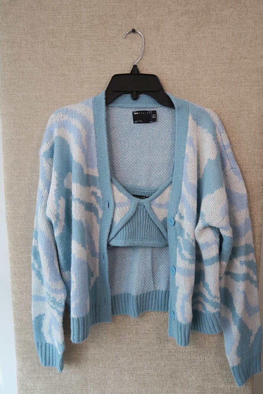 Asos Design Blue/White Tie-Dye Cardigan & Cropped Sweater Set
